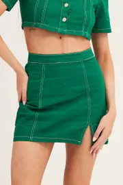 Green Contrast Stitch Mini Skirt - Size 12, Women's A Line Skirt