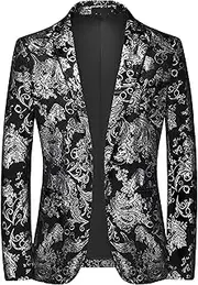 [DGHM-JLMY] Men Slim Fit Shawl Lapel Blazer Coat Regular Fit Suit Floral Blazer Jacket Business Jacquard Tuxedo Party Dinner, Silver 5, Large