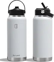 Berusd 1L Insulated Water Bottle, Leak Proof Straw Lid, Stainless Steel Vacuum Insulated Water Bottle, Wide Mouth Bottle with Flex Cap, Double Walled Travel Cup Thermo Bottle Mug Drink Flasks, White
