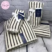 Brooks Brothers 6PC Bath Hand Tip Towels Set Espresso Brown Cream Ivory Striped