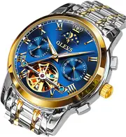 OLEVS Mens Watch Automatic Mechanical Winding Moon Phase Stainless Steel Two Tone Date Waterproof Luminous