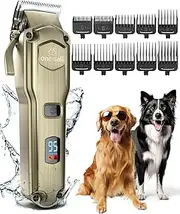 oneisall Dog Clippers for Grooming for Thick Heavy Coats/Low Noise Rechargeable Cordless Pet Shaver with Stainless Steel Blade/Waterproof Dog Shaver for Dogs Pets and Animals (Gold)