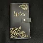 Book NOTES Lined Blank Daily Journal + Snap -Black And Gold Roses Floral 4x7