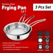 Stainless Steel Frying Pan Set, 3 Pcs, Cool-Grip Handle, Multi-Stovetop Compatib