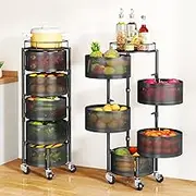 Fruit Vegetable Rotating Storage Rack, 5 Tier Rolling Cart With Top Lid, Large Metal Wire Basket With Wheels, Black