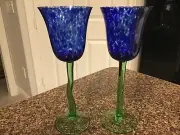 Neiman Marcus Set 2 Blue Speckled Droplet Tulip Flower Wine Stem Glass