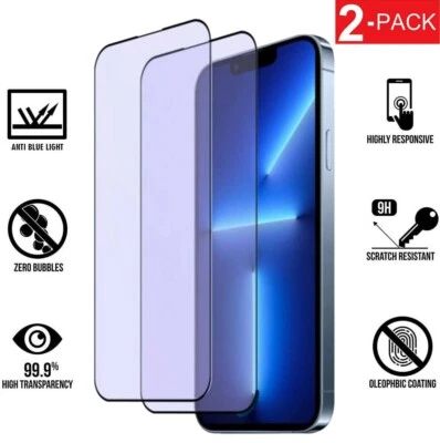 2Pcs For iPhone 16 15 14 Pro Max Anti-Blue Light Tempered Glass Screen Protector