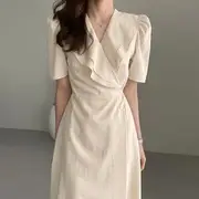 Puff-Sleeve V-Neck Plain Ruffled Midi A-Line Dress Almond - S