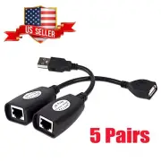 5X USB Exten Ethernet RJ45 Cat5e/6 Cable LAN Adapter Extender Over Repeater Set