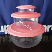 Tupperware Table Top Collection Serving 3pc Bowl Set Clear Bowl Pink Seal New