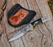 Handmade Engrave Black horn Damascus Steel Pocket Knife Folding Hunting Camping