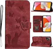 [Refilerss] Flip Case for Samsung Galaxy A13 PU Leather Wallet Case with Card Slot Magnetic Clasp Stand Function Cover Cat Butterfly Pattern - Red
