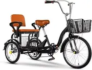 Folding 3 Wheels Bicycle,Mobility Tricycle for Adult and Senior,Tricycle Rickshaw with Pedals,Tandem Bike with Back seat,Front and Rear Brakes