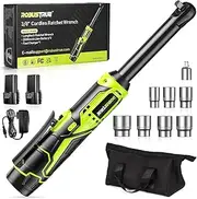 Robustrue 3/8" Ratchet Wrench with 2x2.0Ah Battery, 6-inch Extended Ratchet Wrench, 44 ft·lb 400 RPM Cordless Ratchet, Electric Ratchet Driver with Variable Speed, 7 Sockets, LED Light, RH60B