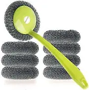 Lertenys Kitchen Stainless Steel Sponges Scourer Set with Handle,for Uncoated Cookware,Pot Brush,Stovetops,Grill,Removing Tough Dirt (green Long ha...