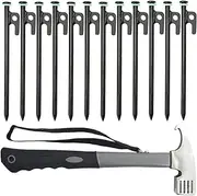 Clarmonde Tent Stakes & Tent Hammer, Heavy Duty Camping Pegs, Forged Steel Tent Pegs Unbreakable and Inflexible, Available in Rocky Place Dessert Snowfield and Grassland (20cm/8in,12Pcs +1Pcs Hammer)