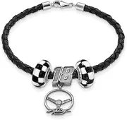 [LogoArt] SS LEATHER BRACELET TWO CROSSED FLAG BEADS 18 BEAD STEERING, Jimmie Johnson, One Size