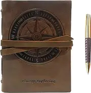 Leather Journal Nautical Compass Notebook Embossed Maritime Sea Adventure A5 Travel Diary, For Men For Women, Genuine Vintage Rustic Leather 6" x 8", Bound For Writing Notes Handmade Sketchbook + Pen
