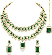 [Aheli] Crystal & Cubic Zirconia Studded 2 Layer Green Necklace Earrings Maangtikka Set Ethnic Jewellery for Women, One Size, Metal, No Gemstone