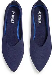 [ATHMILE] Pointed Toe Flats for Women Dressy Blue Work Shoes Business Casul Knit Ballet Flats Slip on Office Ladies Comforttable Dress