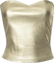 [ZHOUSUFEN] Women Fashion Strapless Metallic Crop Tube Top Nightclub Backless Sweetheart Neck Bustiers Bandeau Vests