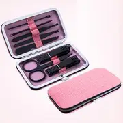 MyHome - Set: Stainless Steel Eyebrow Tweezers + Scissors + Nail Clipper + Nail File + Cuticle Pusher + Blackhead Remover + Earpick Pink - One Size