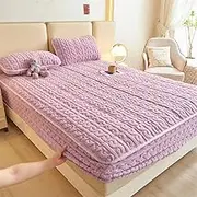Warm Velvet Mattress Protector Thickened Cotton Non-Slip Mattress Pad Cover Breathable Skin-Friendly Fitted Sheet Solid Color Cozy Bedding-Purple||Queen:59x79inch