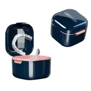 Denture Bath Box Cup,Portable Denture Case with Strainer Basket,False Teeth Storage Box Holder, Blue