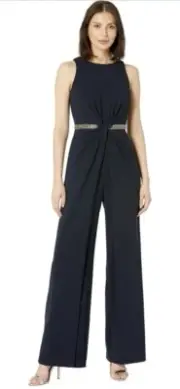 Adrianna Papell Sleeveless Stretch Crepe Jumpsuit Crystal Waist Detail Size 10
