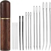 15pcs Leather Sewing Needles Kit, Large Eye Hand Stitching Needle Steel Bent Tapestry Needle Heavy Duty Leather Lacing Needle with Wooden Case for DIY Craft Sofa Bag Repair Projects