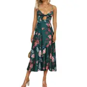 Nevenka Women Floral Print Midi Satin Dresses Tie Front Backless Hollow Dress-Green