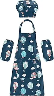 AIXIWAWA Kids Apron Chef Hat Set, Child Kitchen Bib Aprons Adjustable for Cooking Baking Painting (Dark Blue Balloon)