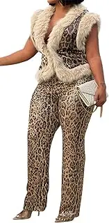 [Recious] Womens Sexy 2 Pieces Leopard Printed Sequins Faxu Fur Vest Jackets Bodycon Pants Party Clubwear Tracksuit Outfits Set