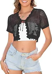 [Durio] Womens Cardigan Short Sleeve Tie Front Tops Lightweight Shrugs Cropped Crochet Sweater Summer Cardigans for Women 2025, Black, XX-Large