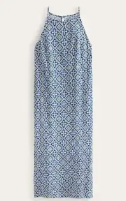 Boden Racer Neck Midi Cotton Jersey Dress 14R Blue Heron Flora Tile