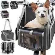 Dog Bike Basket, Mesh Windows, 2 Safety Leashes, Soft Sided, Safe Comfortable Pet Carrier for Small Dogs, Cats (Grey)