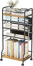 D.S.Exthefic 5 Tier Rolling File Cart, Mobile Bookcart with Wheels, Metal Wood Movable Bookshelf Tableside Office Paper Storage Organizer for Home School Teacher, Black & Brown