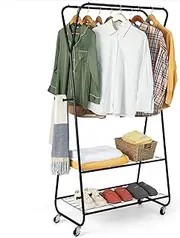 Costway Clothes Rack, Double Rod Garment Rack on Wheels w/ 2 Shelves, 4 Hooks, Clothing Rack for Hanging Clothes, Storage Display for Bedroom, Balcony, Dorm, Black