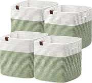 [Dreamcountry] 13x13 Cube Storage Bins, Storage Cubes with Handles, 4 Pack Cotton Rope Basket for Shelves, Cube Storage Organizer forToys, Book, Clothes, Home, Office, Nursery, White/Green