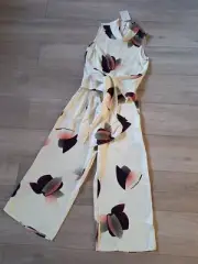 ASOS Off White Print Wide Leg Crop Trousers & High Neck Top Tie Front BNWT UK4