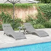 Solid Acacia Wood Lounge with Foldable Table, Grey Sun Lounger 2 Pcs for Outdoor Patio, Lawn Reclining Adults Chair Sunbathing