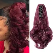 Hair Extensions Braid Hairpiece Clip-in Ponytail Extensions Claw Ponytail Hair Extensions Like Real Hair Wavy Curly Synthetic Hair 12 Inches (Wine Red)