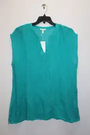 EILEEN FISHER MANDARIN COLLAR TOP 100% ORGANIC LINEN GAUZE TURQUOISE SIZE XL