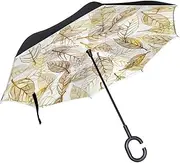 Double Layer Inverted Umbrella Cars Reverse Umbrella Autumn Leaves Printed Windproof UV Proof Travel Outdoor Umbrella