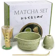 Matcha Whisk Set - Complete 4PCS Kit for Traditional Tea Ceremony, with Handcrafted Bamboo Whisk Matcha Scoop Matcha Stand Matcha Bowl, Classic Green