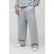 Mens Grey Marl Regular Fit Wide Leg Varsity Embroidered Drop Crotch Jogger