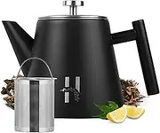 Hanamura Thermal Teapot with Strainer Insert – Stainless Steel Teapot Double Walled and with Strainer – 1 Litre – Teapot Black Metal – Insulated Jug Tea Modern Design