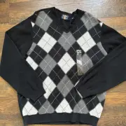 Arrow Sweater NEW Men’s Large Black Gray Argyle V-Neck Pullover Cotton NWT A3