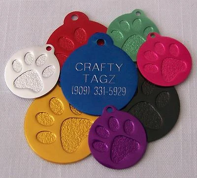 PET TAGS PAW PRINT ENGRAVED FOR DOG OR CAT CUSTOM ENGRAVED CIRCLE CHARM TAG