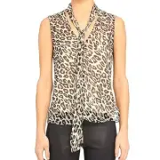 Theory Women's Ivory Leopard Print Sleeveless Crinkle Tie Blouse Top Size PP